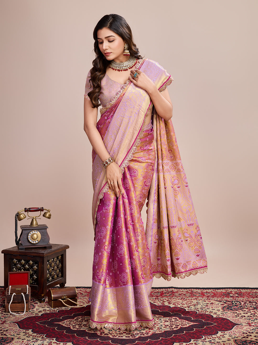 Traditional Pure Kanjivaram Silk Saree In Double Tone Color