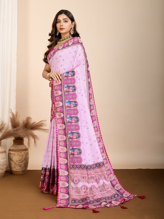 Aesthetic Muslin Cotton Printed Saree with Traditional Emboridery Motifs
