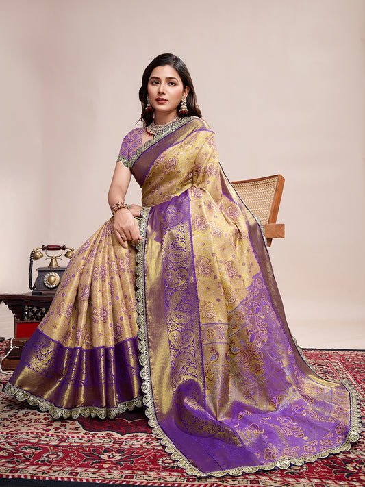 Traditional Pure Kanjivaram Silk Saree In Double Tone Color