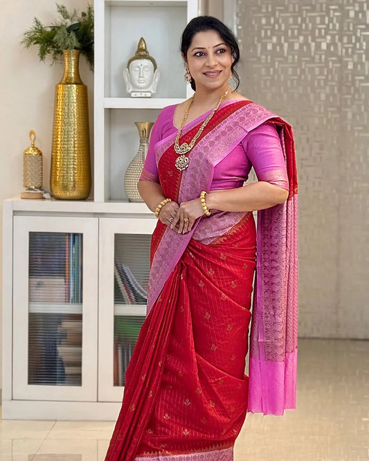 Delightful Red Soft Silk Saree With Designer Blouse Peice
