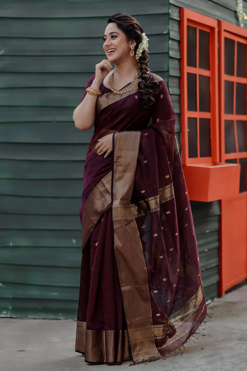 Lovely Wine Cotton Silk Saree With Beautiful Blouse Piece