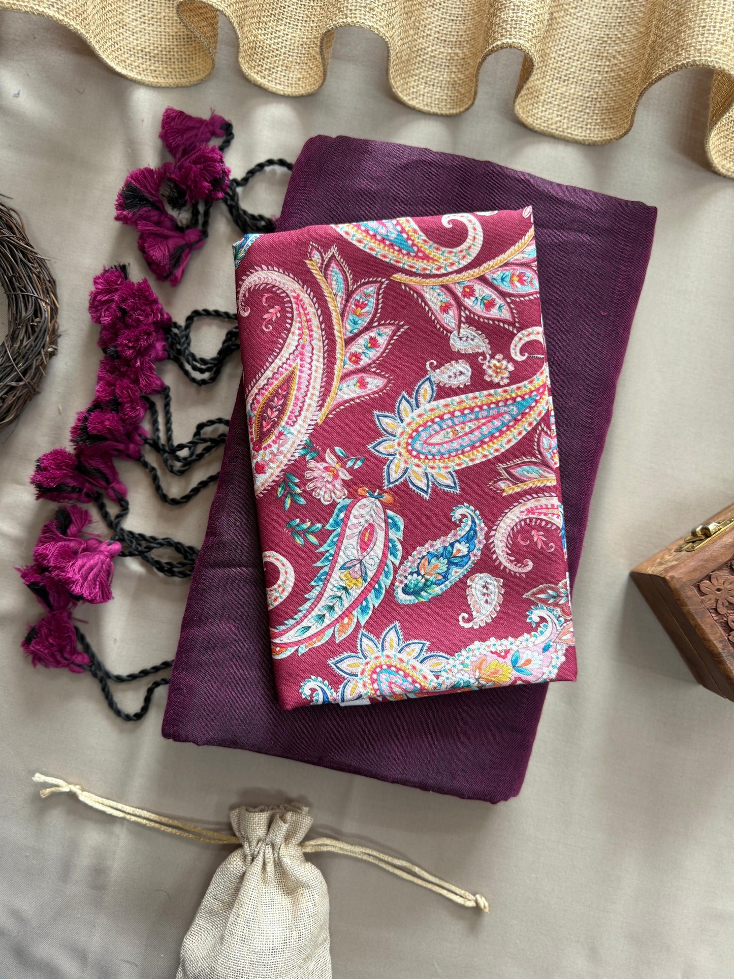 English Wine Handloom Cotton Saree With Mango Printed Blouse