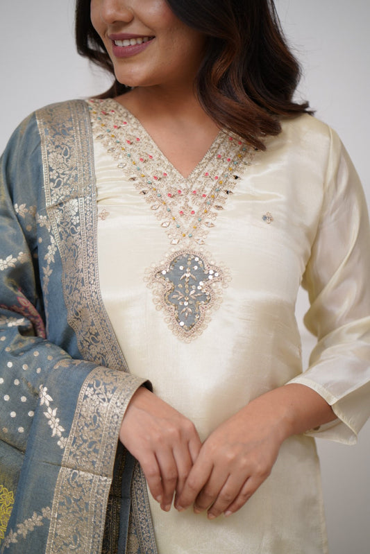 Most Beautiful Off White Viscose Chanderi Silk Suit Set