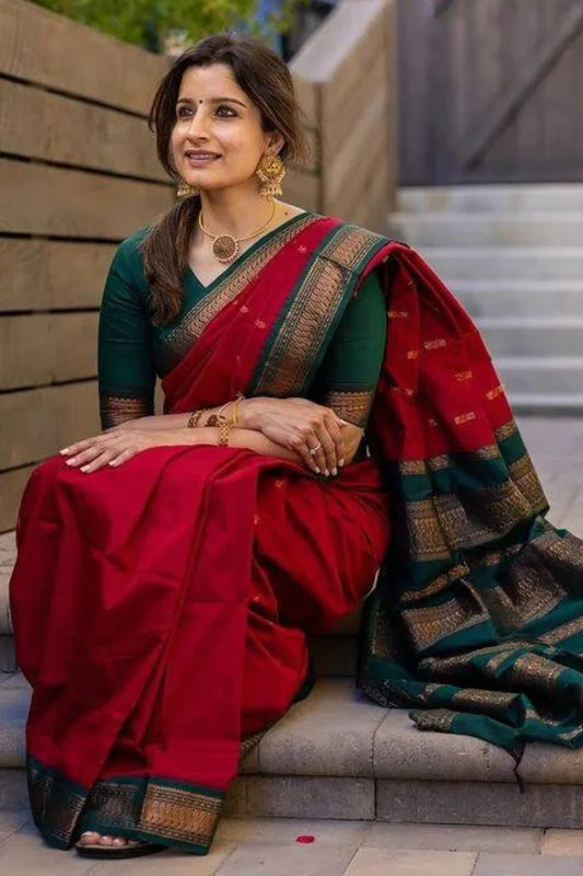 Pretty Red Soft Silk Saree With Unique Blouse Piece