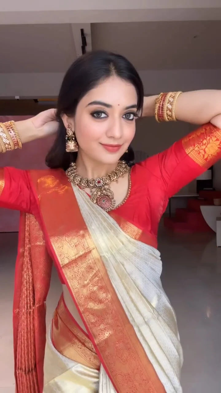 Glamorous Biege Pure Banarasi Silk Saree With Stunning Blouse Piece