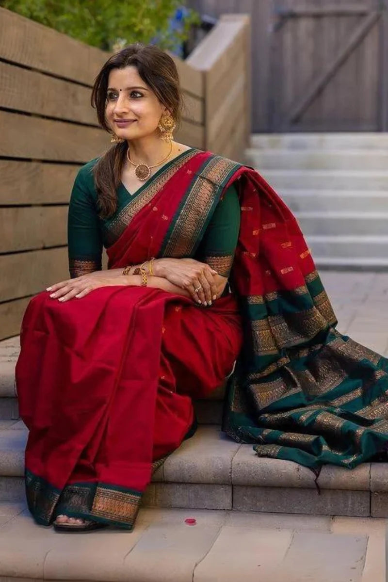 Pretty Red Soft Silk Saree With Unique Blouse Piece