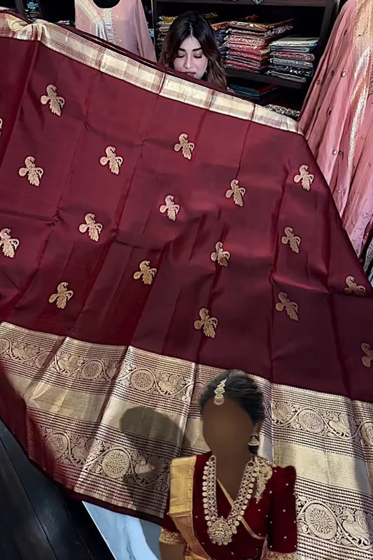 Very Alluring Wine Soft Banarasi Silk Saree With Pretty Blouse Piece