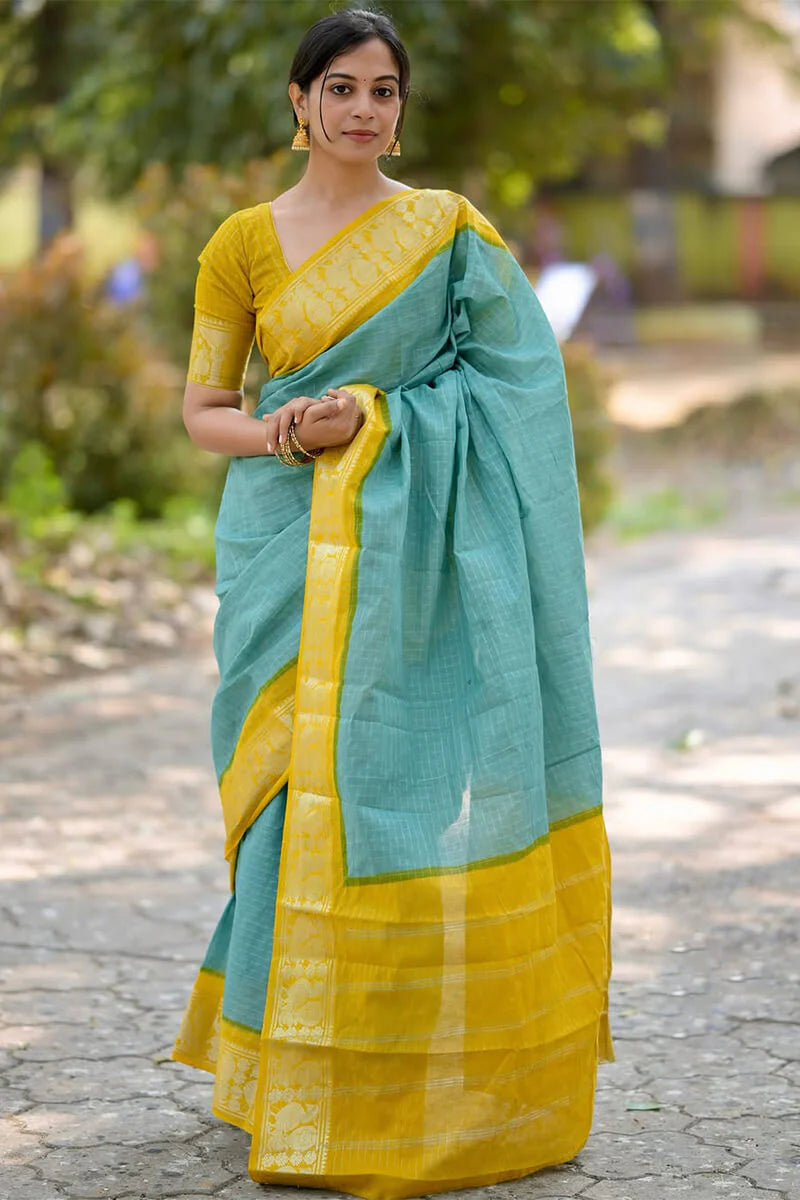 Heavenly Firozi Soft Silk Saree With Lovely Blouse Piece