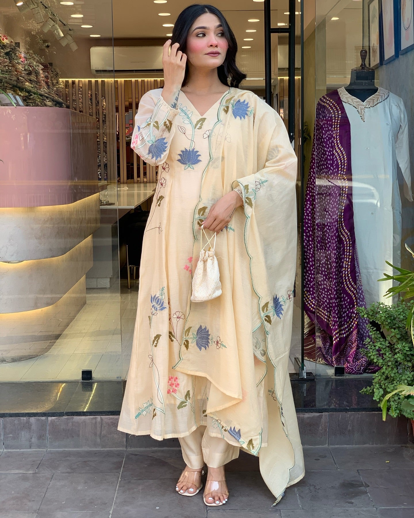 Delightful Viscose Chanderi Embroidery Suit Set