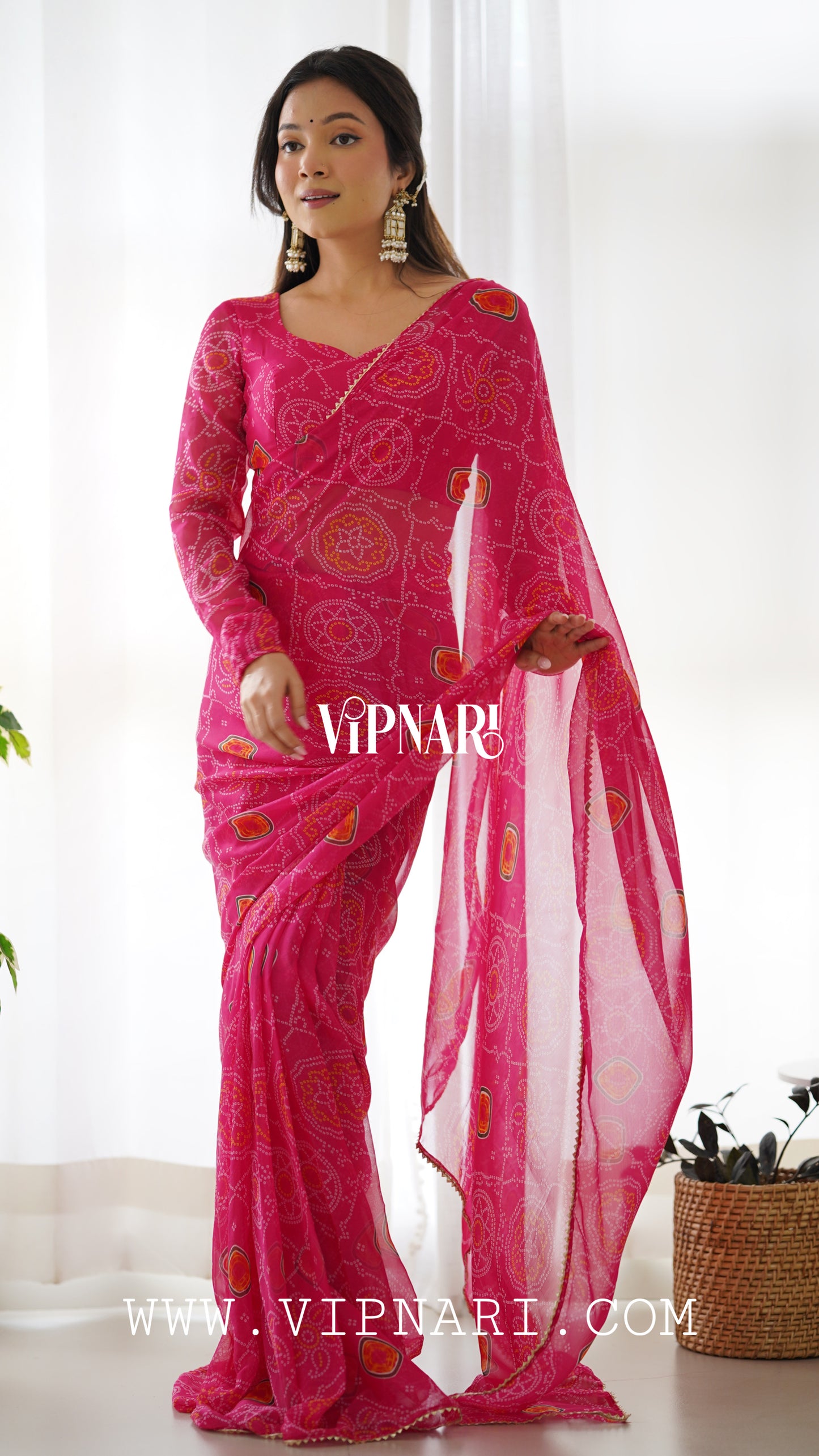 1 Min Ready To Wear Imported Georgette Bandhej Saree With Heavy Blouse