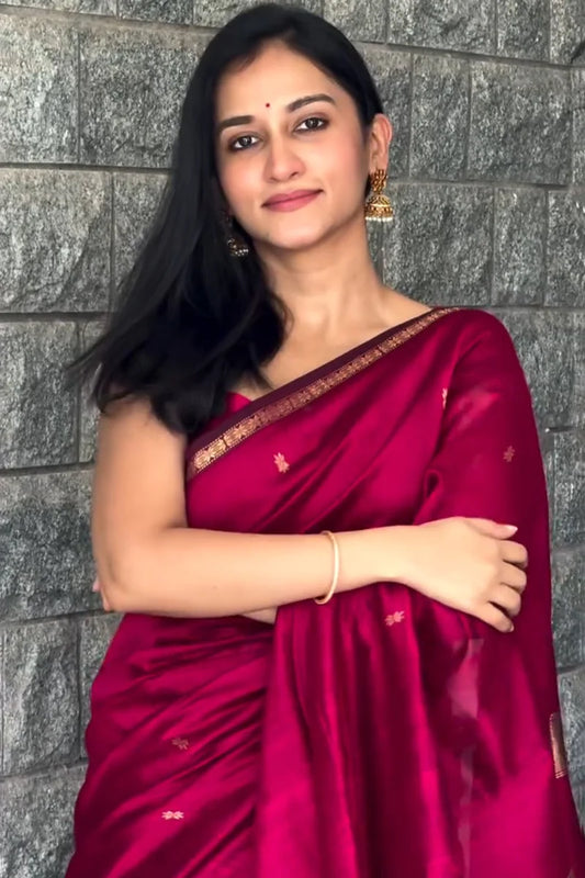 Most Heavenly Dark Pink Cotton Silk Saree With Gorgeous Blouse Piece