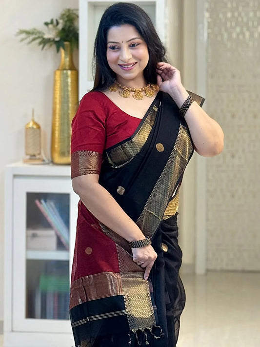Divine Black Cotton Silk Saree With Stunning Blouse Piece