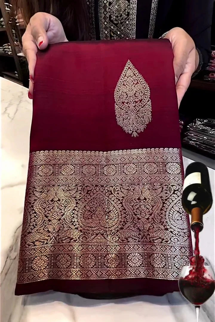 Delightful Wine Soft Banarasi Silk Saree With Blouse Piece