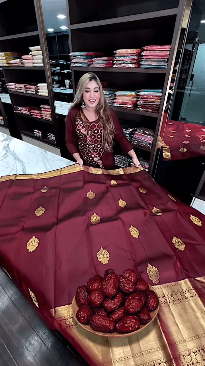Very Appealing Maroon Soft Banarasi Silk Saree With Lovely Blouse Piece
