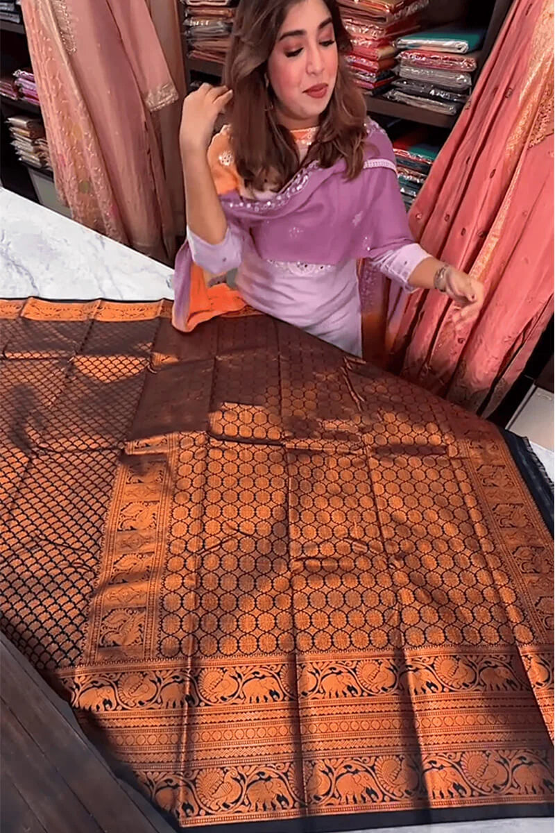 Winsome Navy Blue Soft Banarasi Silk Saree With Unique Blouse Piece