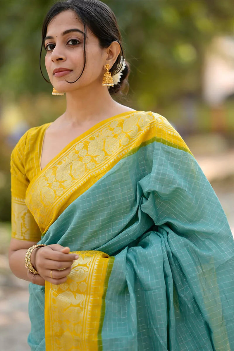 Heavenly Firozi Soft Silk Saree With Lovely Blouse Piece