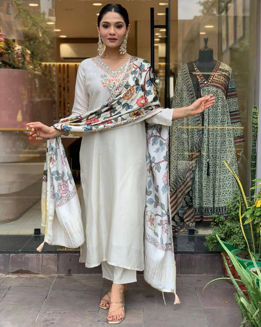 Extraordinary Viscose Chanderi Silk With Embroidary Suit Set