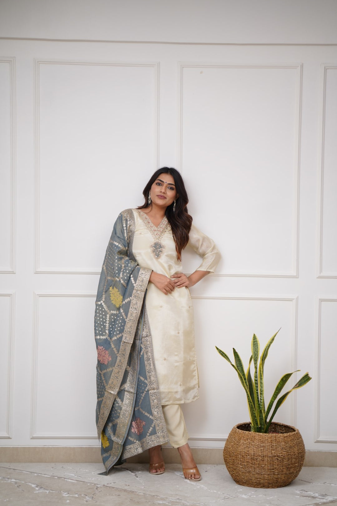 Most Beautiful Off White Viscose Chanderi Silk Suit Set