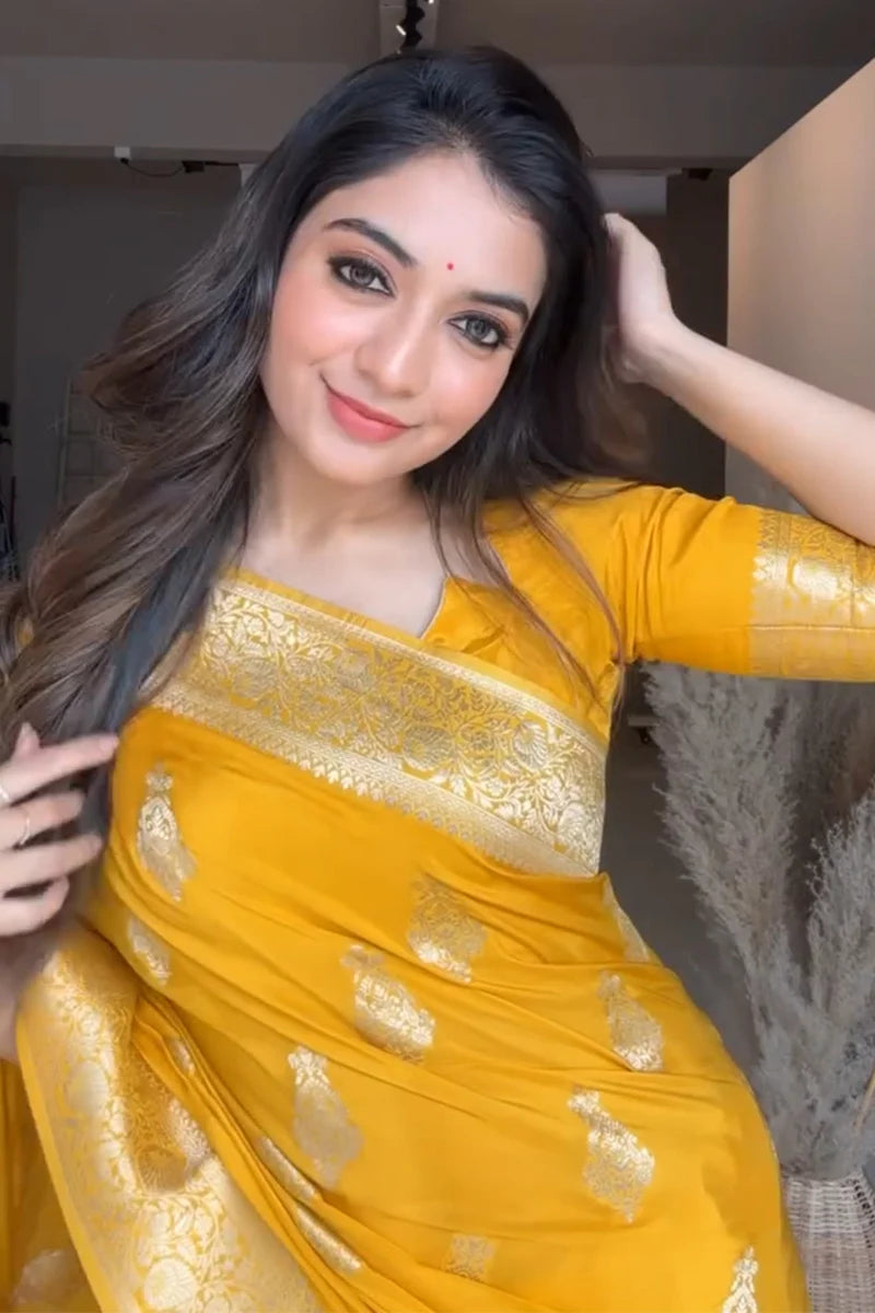 Extraordinary Yellow Soft Silk Saree With Glowing Blouse Piece