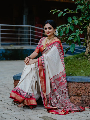Designer Ajrakh Silk Saree With Temple Border