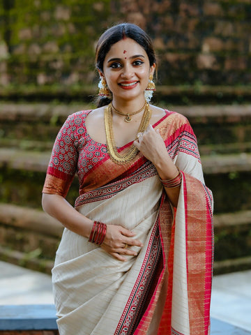 Designer Ajrakh Silk Saree With Temple Border