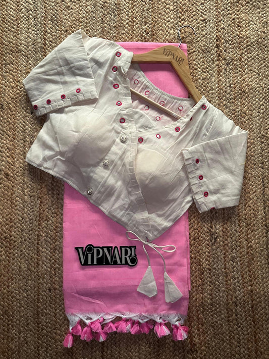 Baby Pink Handloom Cotton Saree With Stitched Designer Handwork Blouse