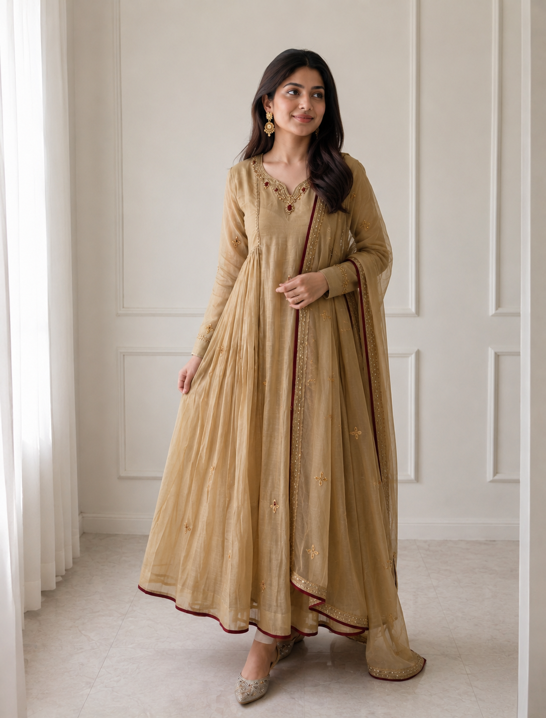 Royal Sand Gold Embroidered Anarkali Suit Set