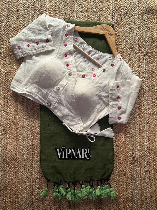 Most Elegant Handloom Cotton Saree With Stitched Designer Handwork Blouse