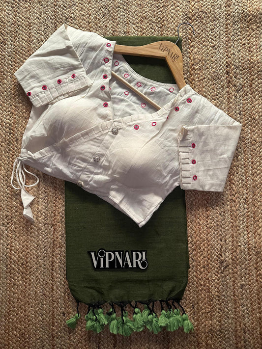 Beautiful Handloom Cotton Saree With Stitched Designer Handwork Blouse