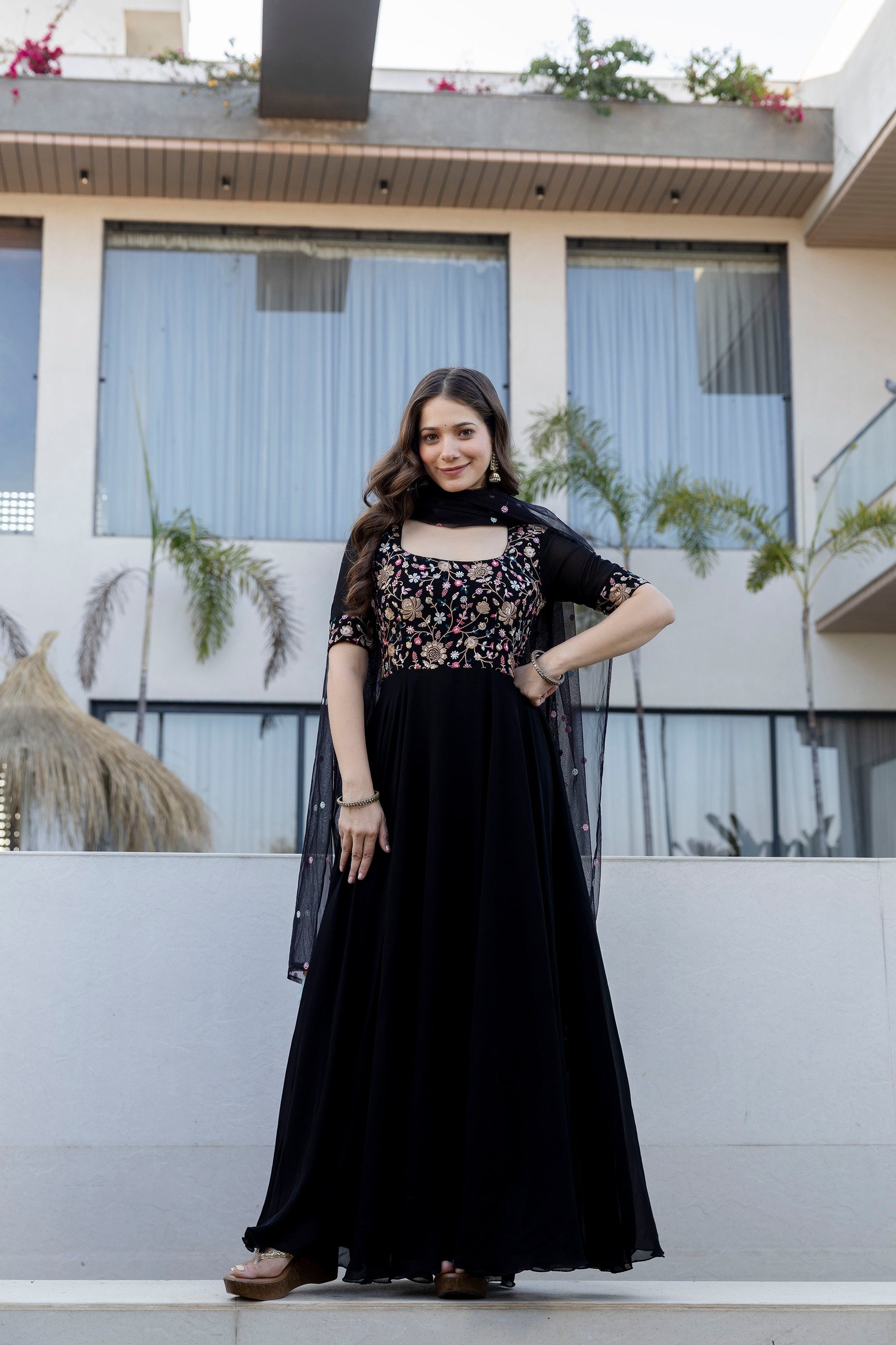 Midnight Bloom Georgette Embroidered Anarkali Suit Set