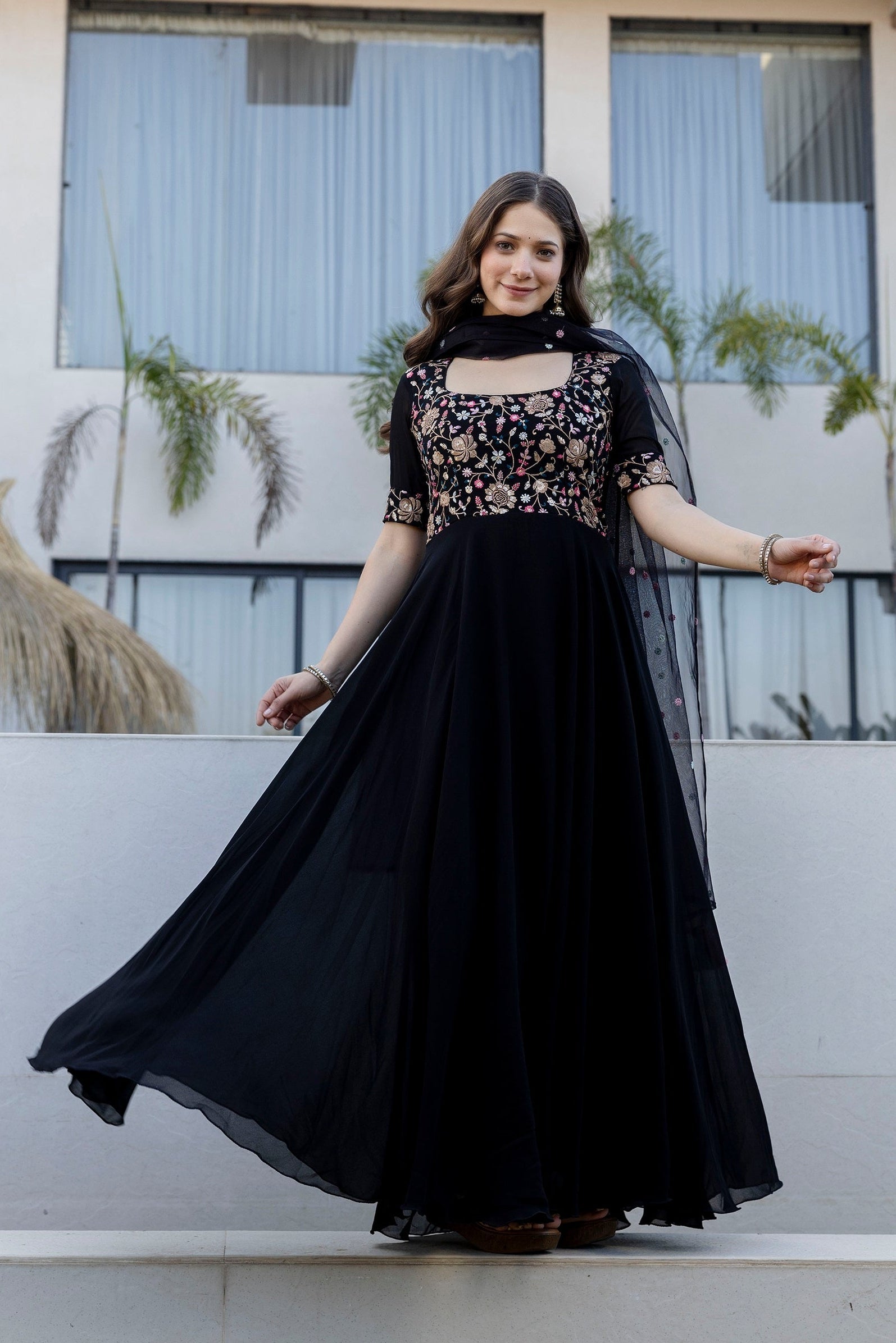 Midnight Bloom Georgette Embroidered Anarkali Suit Set