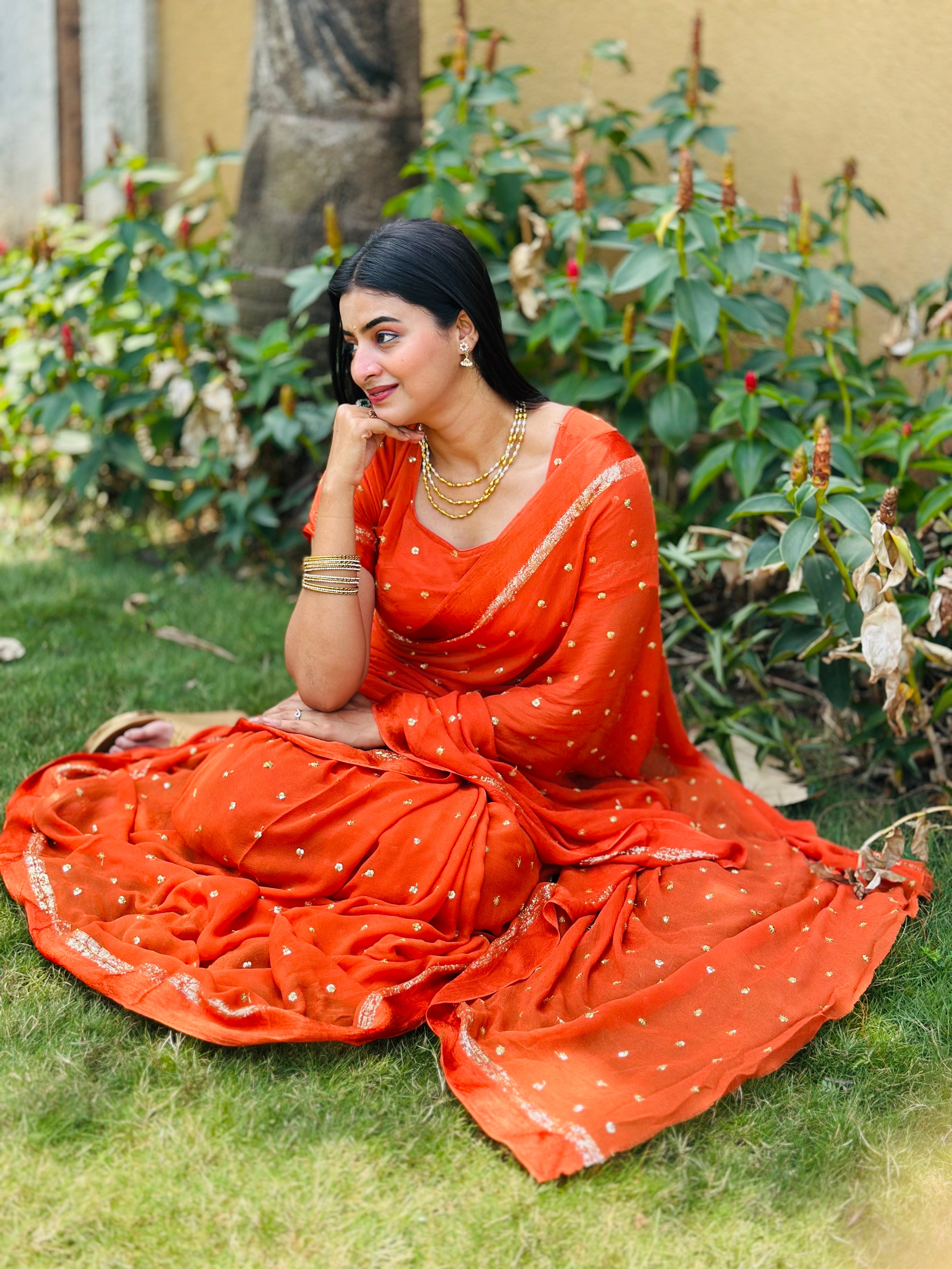 Most Trending Viral Pure Viscose Georgette Festival Red Saree With Satin Border