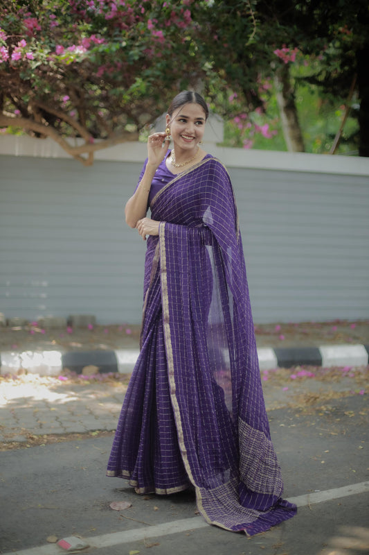 Most Trending Viral Viscose Silk Dark Purple Saree With Weaving Zari Border