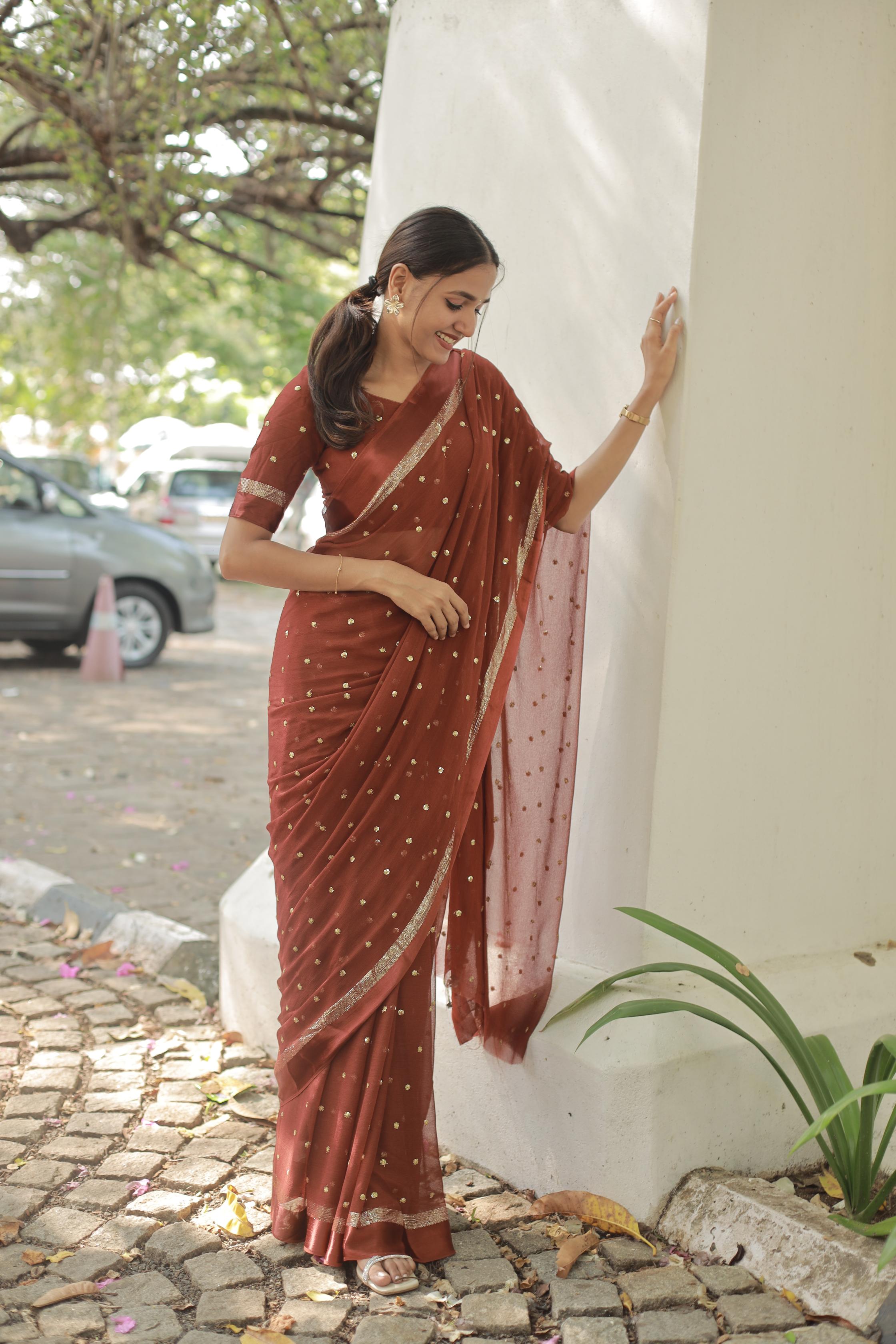 Most Trending Viral Pure Viscose Georgette Festival Rust Color Saree With Satin Border
