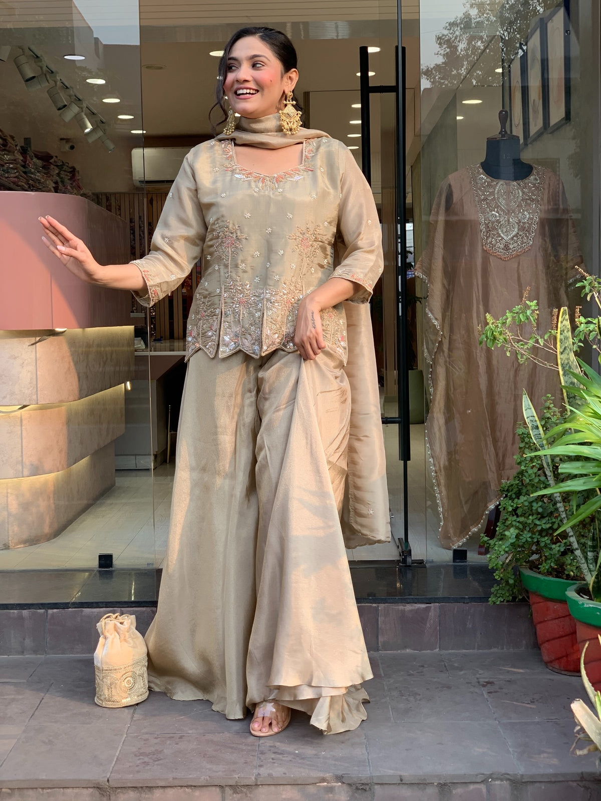 Mehrunisa Champagne Embroidered Sharara Suit Set