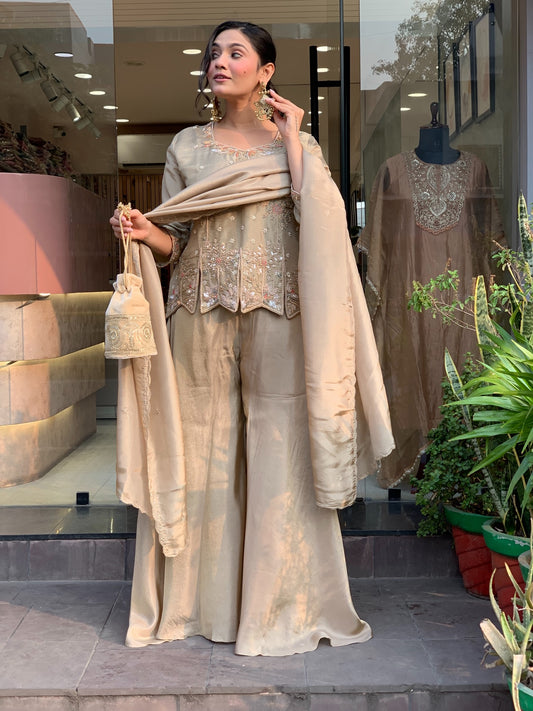 Mehrunisa Champagne Embroidered Sharara Suit Set