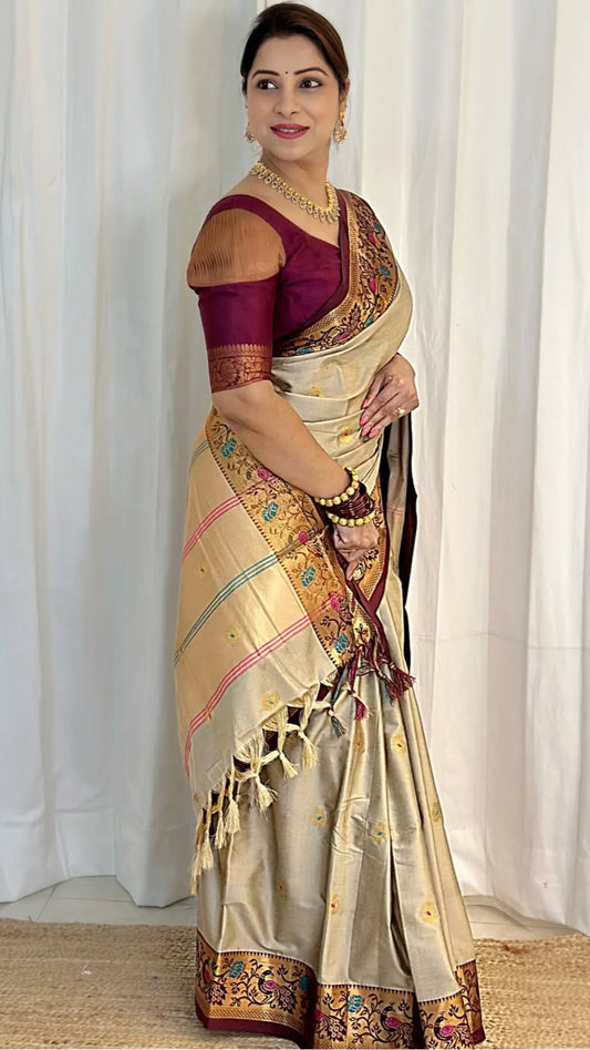 Luxurious Cotton Silk Paithani Silk Saree With Zari Weaving