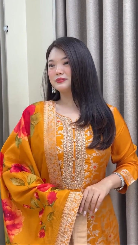 Elegant Pure Banarasi Silk Jequard Weaving Suit Set