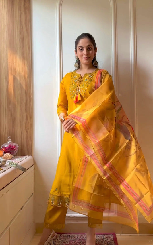 Precious Musturd Pure Chanderi Silk Designer Suit Set With Stylish Dupatta