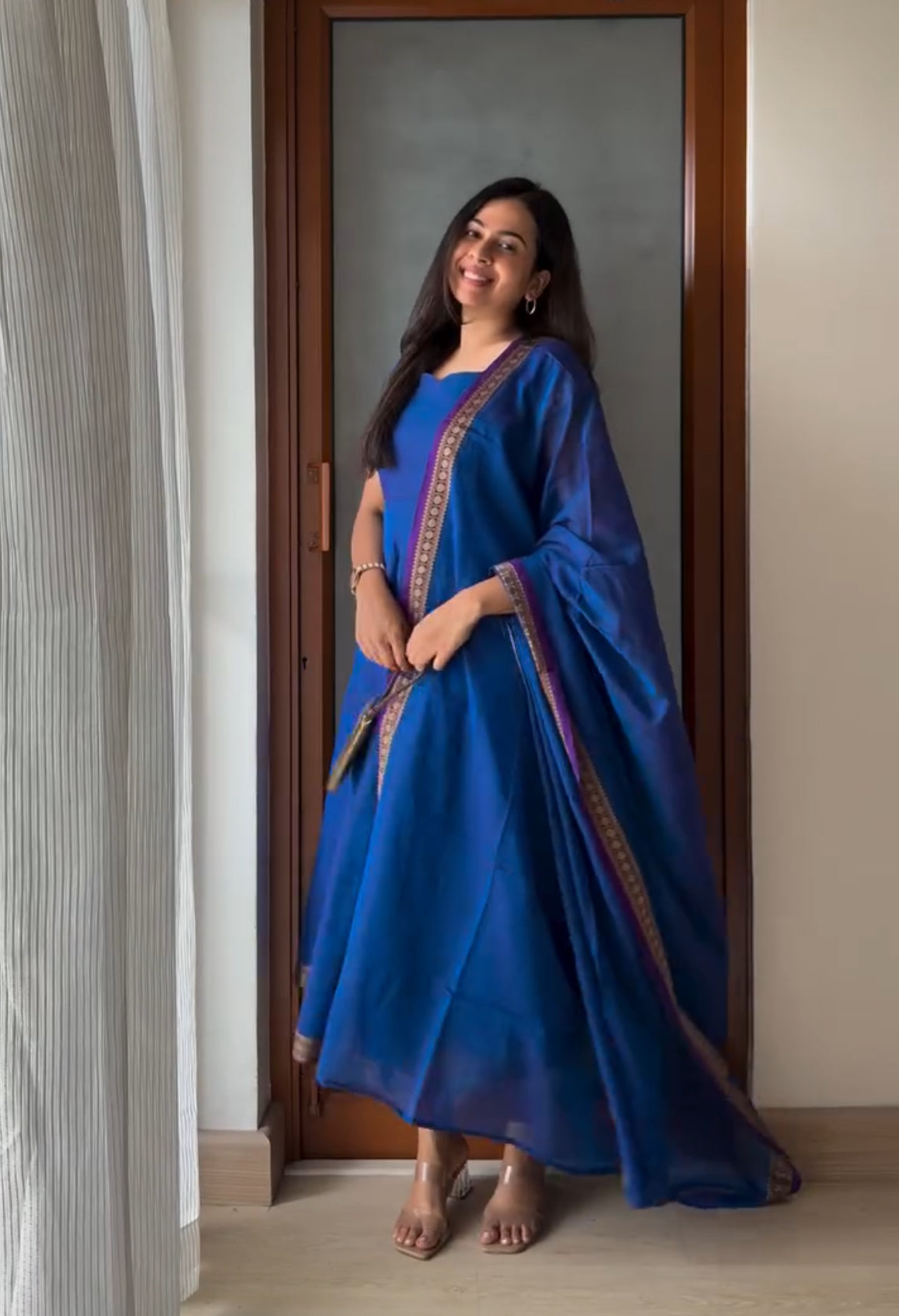 Delightful Blue Narayanpet Anarkali Style Suit Set