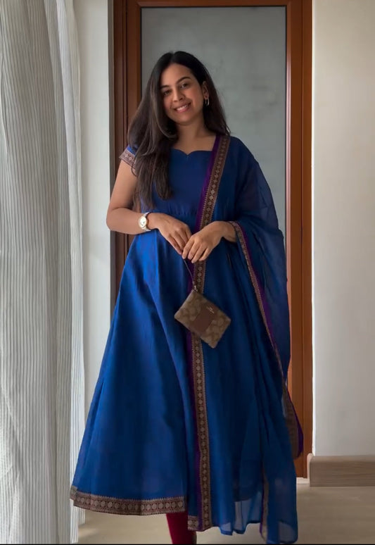 Delightful Blue Narayanpet Anarkali Style Suit Set