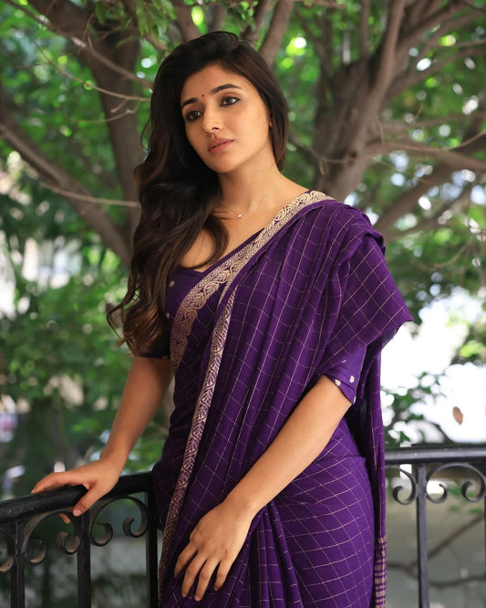 Most Trending Viral Pure Viscose Silk Dark Purple Saree With Weaving Zari Border