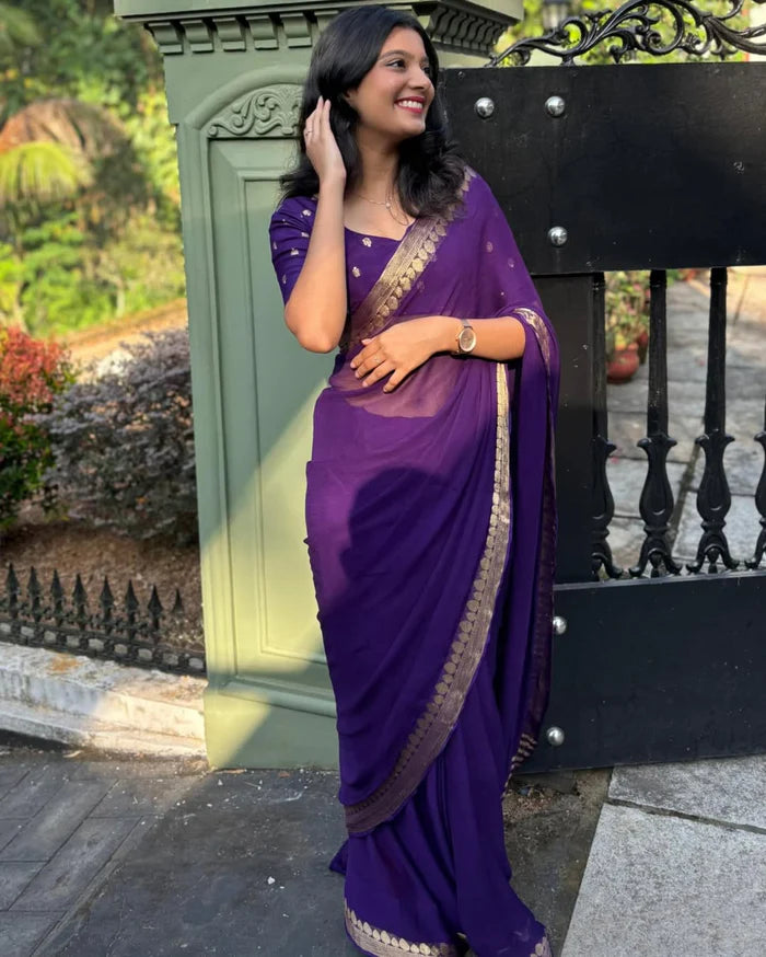 Most Trending Viral Pure Viscose Silk Dark Purple Saree With Weaving Zari Border