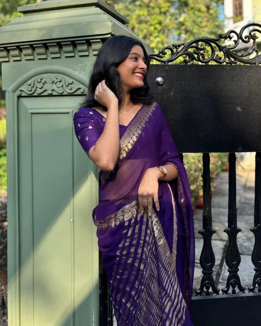 Most Trending Viral Pure Viscose Span Silk Dark Purple Saree With Weaving Zari Border