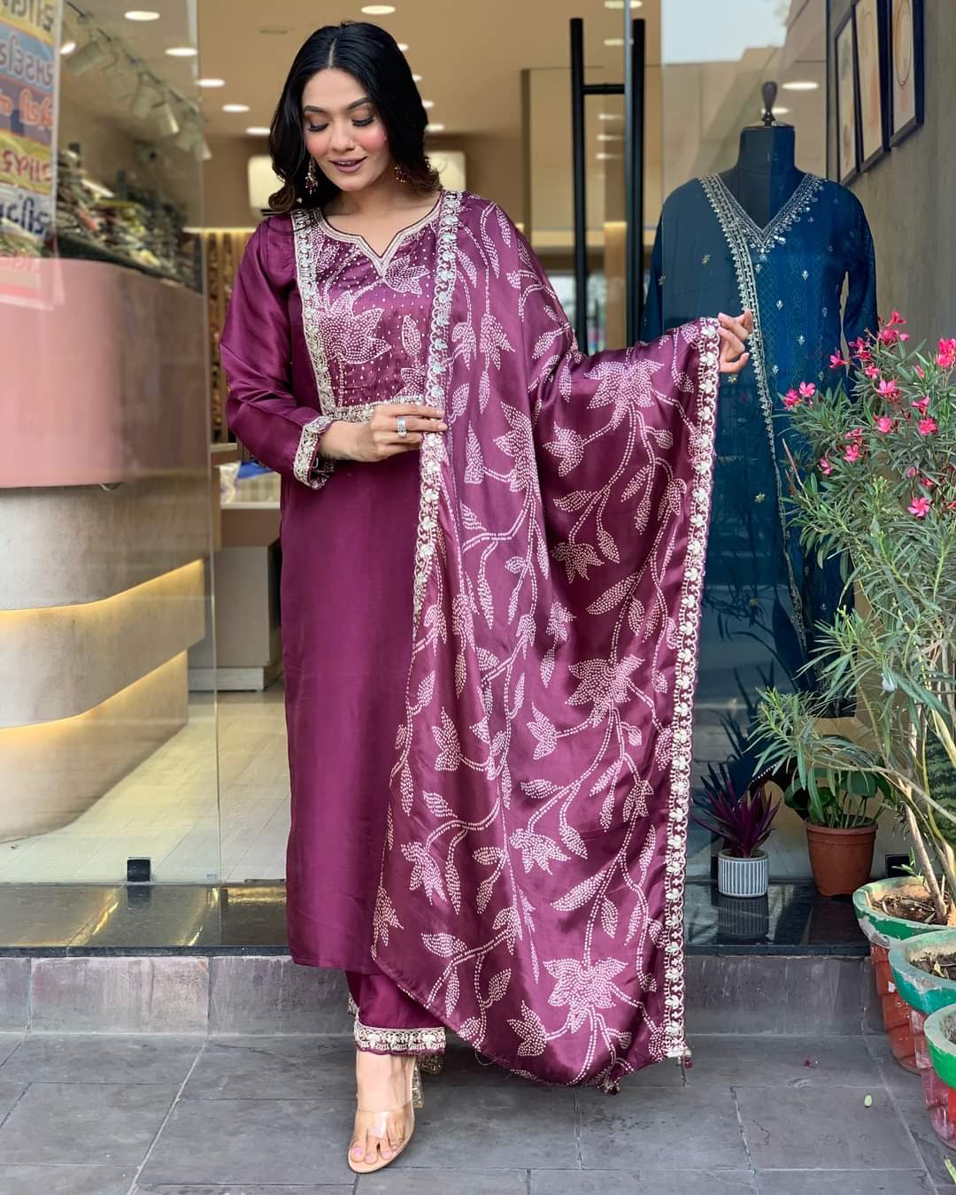 Radiant Wine Viscose Chanderi Embroidary Suit Set