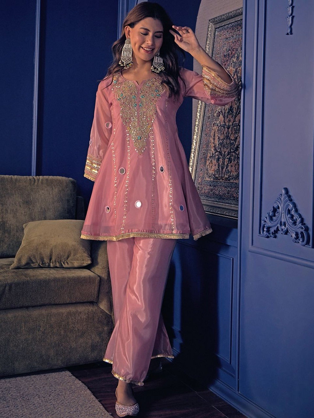 Royal Peach Mirror Work Embroidered Kurta Set