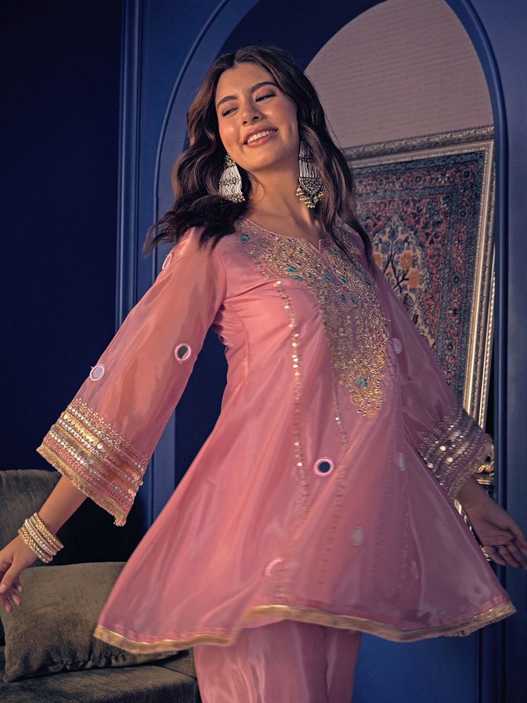 Royal Peach Mirror Work Embroidered Kurta Set