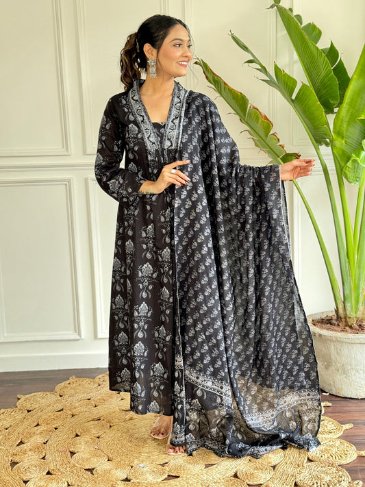 Bucolic Black Pure Cotton Block Print Suit Set