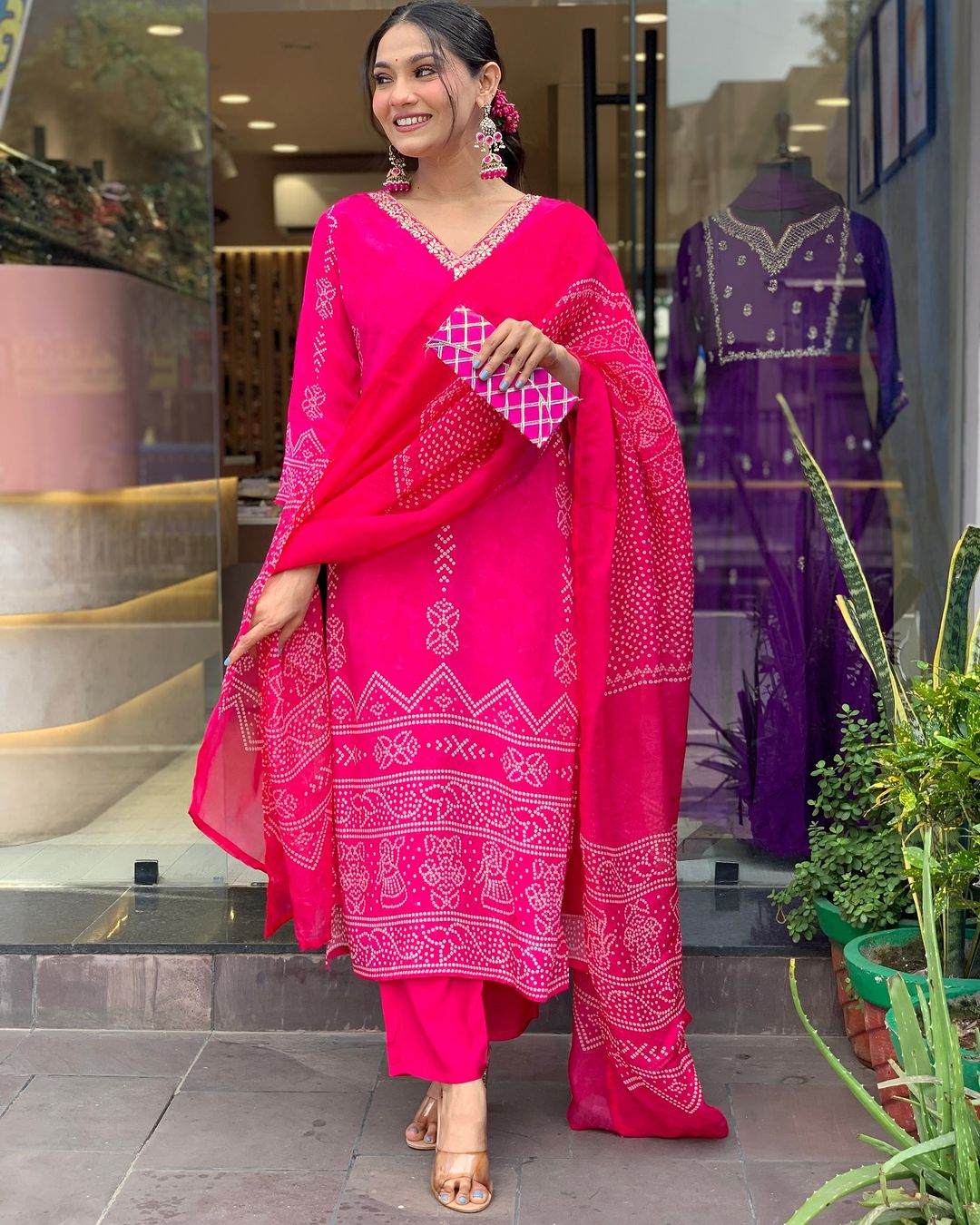 Beautiful Silk Blend Bandhani Print Suit Set