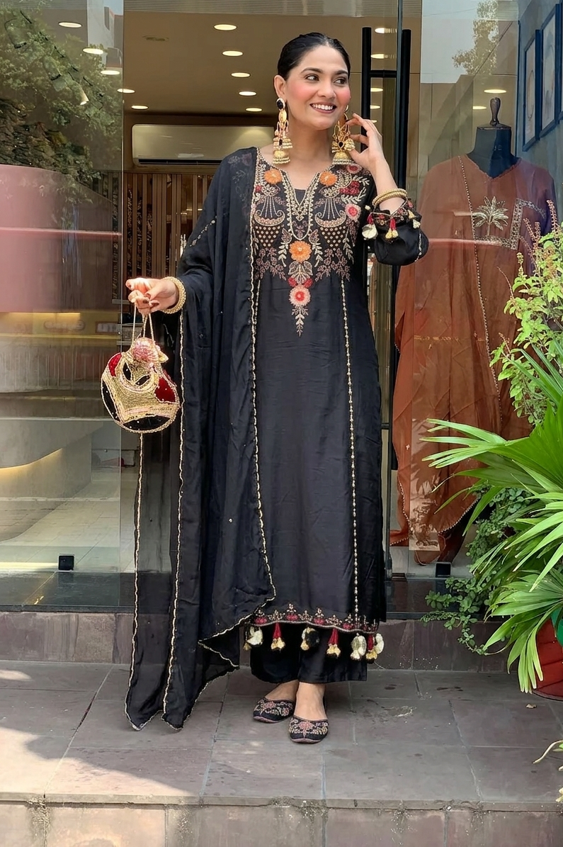 Aarunya Floral Embroidered Viscose Chanderi Suit Set